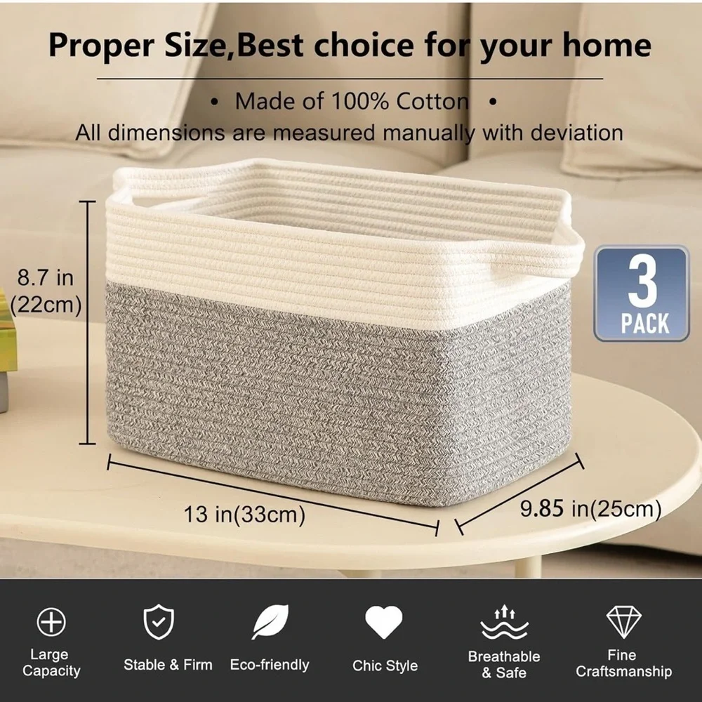 NEW Elegant Gray and White Storage Baskets - Set of 3